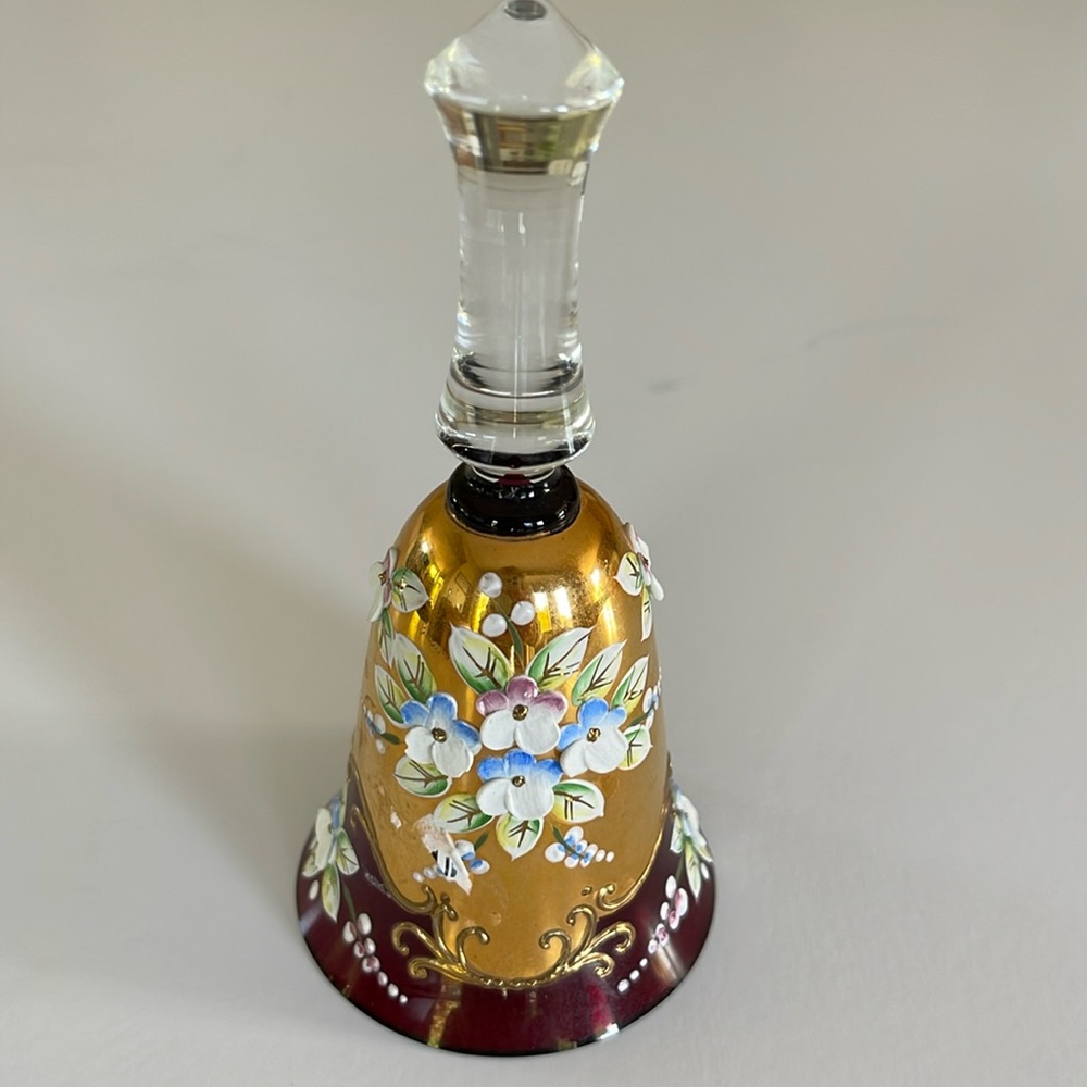 Ruby Red Bohemian Glass Bell Hand Painted Flowers and Gold Trim